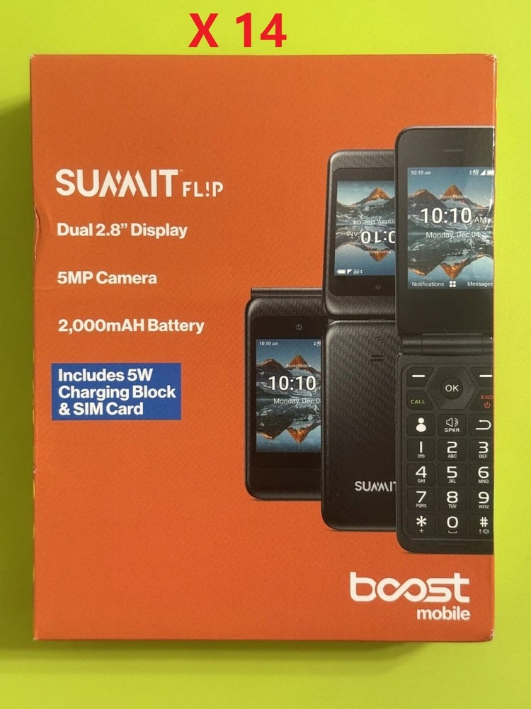 Lot of 14 Boost Mobile Prepaid Summit Flip Phone, 8GB Black, New Sealed