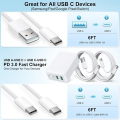 40W 4-Port PD Fast Charging Block Adapter for iPhone 17/16/15 Pro Max, 6FT Cable