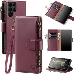 Samsung Galaxy S22 Ultra 5G Wallet Case with Card Holder, RFID Blocking, Wine Re