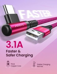 Type C Cable [2-Pack, 6.6ft] 3.1A Fast Charging Right Angle Nylon Braided USB C
