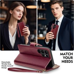 Wallet Case for Samsung Galaxy S24 Ultra 5G, RFID Blocking, Zipper, Wine Red