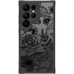 Cute Galaxy S24 Ultra Case, Black Line Art Floral Rose Pattern, Slim Shockproof