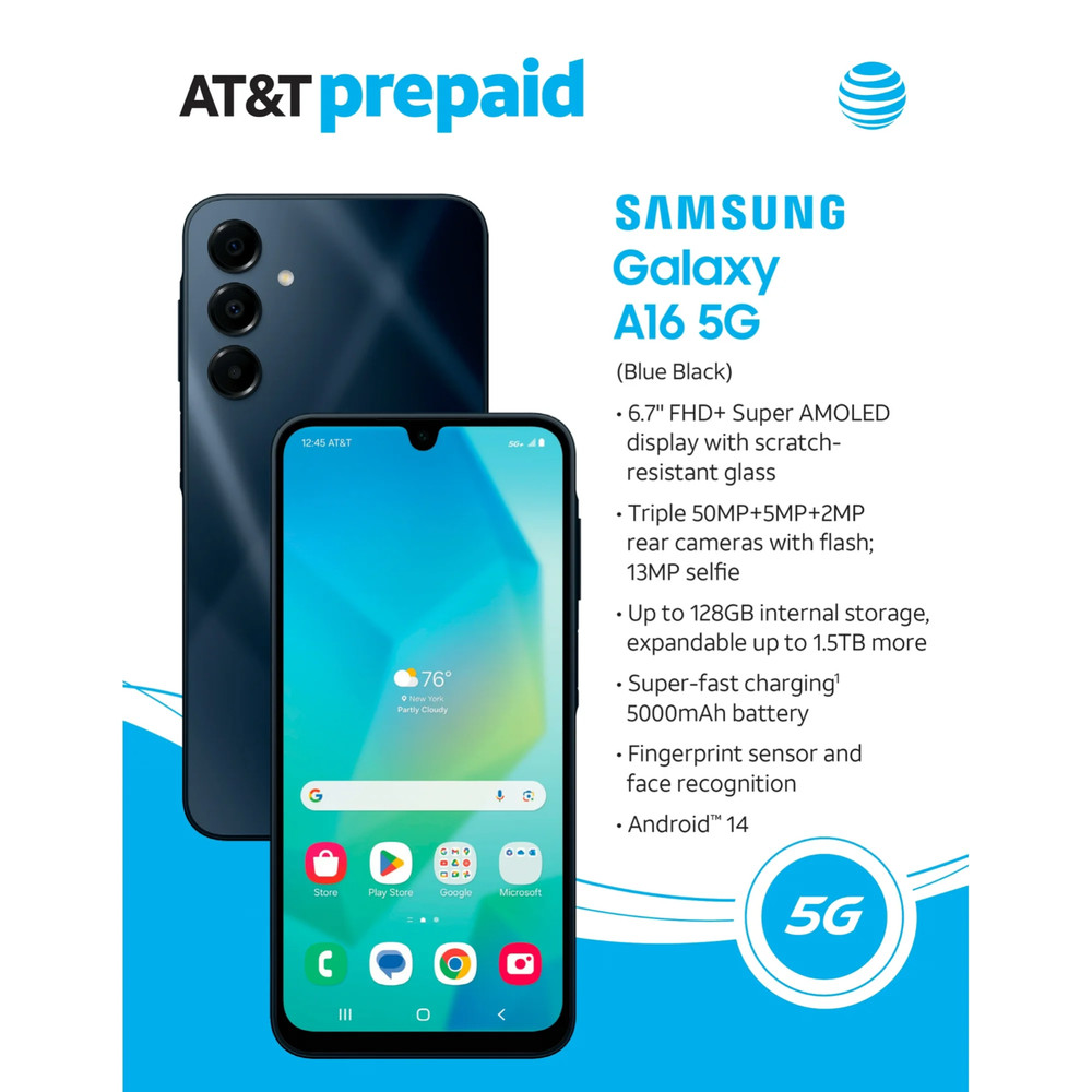 Samsung Galaxy A16 5G, 64GB, Blue Black – At&t Prepaid Smartphone – Brand New