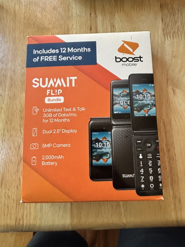 Boost Mobile Summit Flip Phone Bundle Dual 2.8&Prime; Display- NO 12 Months free