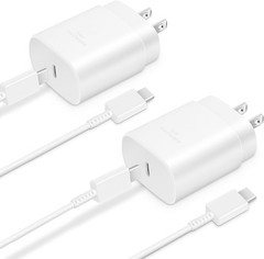 2-Pack 25W Type-C Fast Charger Block for Galaxy S23 Ultra/S22 6ft Cable