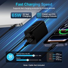 65W Super Fast Type C Charger 3-Port PD&QC Fast Charging Block Power Adapter