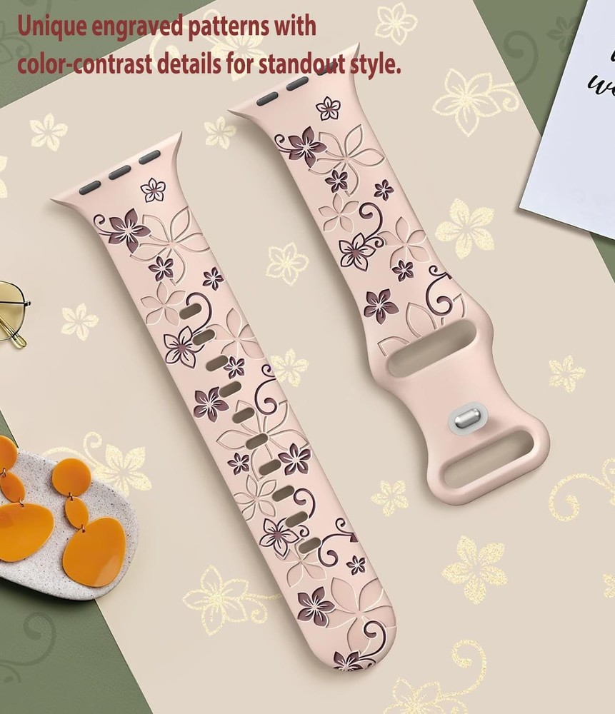 Floral Laser Engraved Silicone Band for 38-49mm Smartwatches, Soft Sport Strap