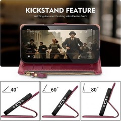 Wallet Case for Samsung Galaxy S24 Ultra 5G, RFID Blocking, Zipper, Wine Red