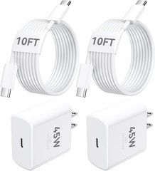 2 Pack 45W USB-C Fast Charger Adapter for iPhone 17/16/15 10 FT Cable