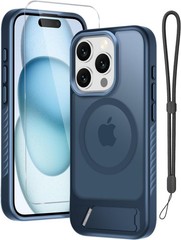 Navy Blue iPhone 15 Pro Case with Lanyard Wrist Strap and Screen Protector Inclu