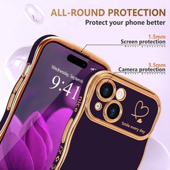 Cute Dark Purple iPhone 15 Plus Case for Girls, Curly Wave Frame with Heart Desi