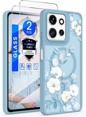 Motorola Moto G Power 5G 2025/2026 Floral Phone Case with Screen Protector, Blue
