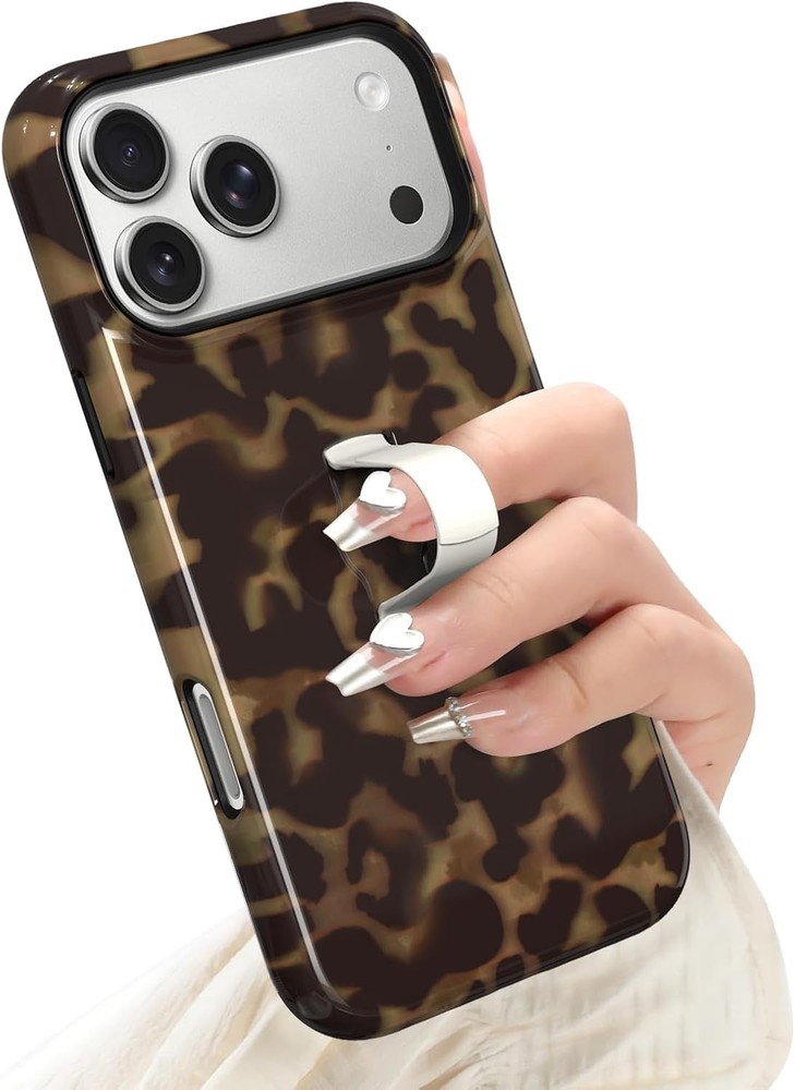 iPhone 17 Pro Max Case with Finger Strap Kickstand, Stylish Amber Leopard Cover
