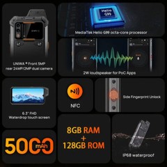 4G LTE Android 13 Rugged Smartphone NFC Mobile Waterproof 128G POC UNIWA W999