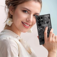 Cute Galaxy S24 Ultra Case, Black Line Art Floral Rose Pattern, Slim Shockproof