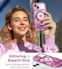 Pink Magnetic Case for iPhone 13/14, Cute Wavy Bumper, Bling Glitter Rhinestones