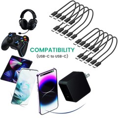10-Pack USB C Charger Cable, 1ft Bulk Short Cables, 60W Fast Charge USB-C Cords