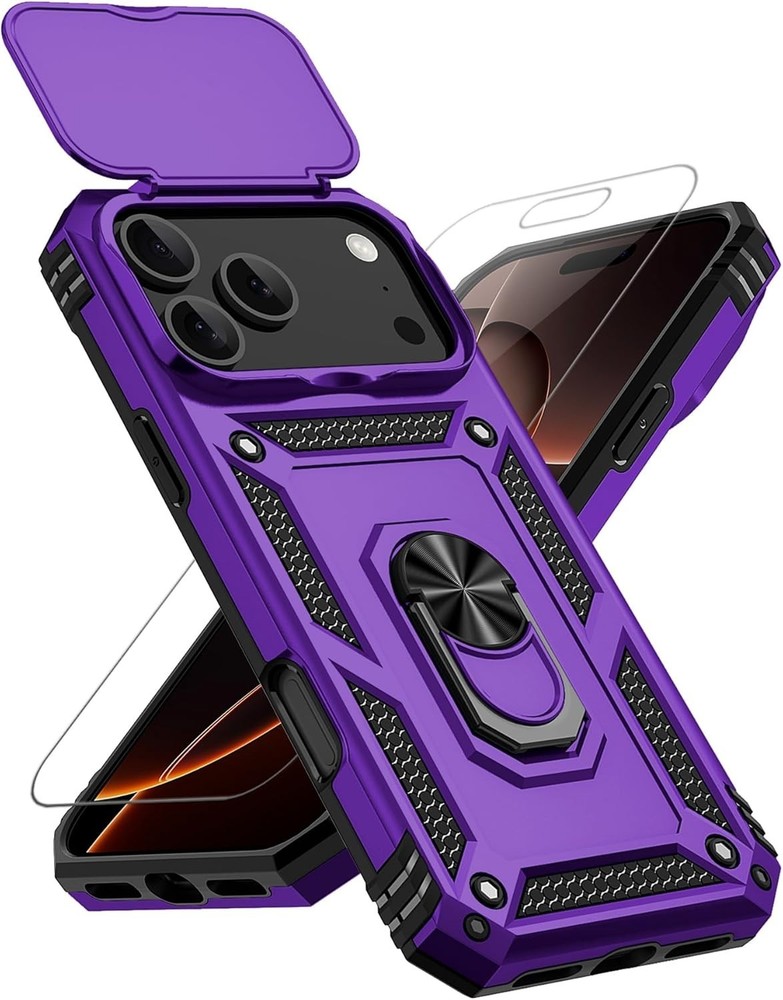 iPhone 17 Pro Max Case with Slide Camera Cover & Kickstand, Military Grade Black