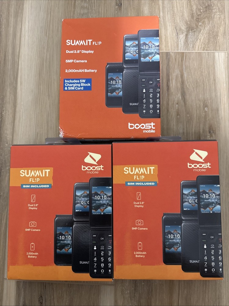 Lot Of 3, Boost Mobile Prepaid Summit Flip Phone 8GB 5MP 2.8” Black New Sealed