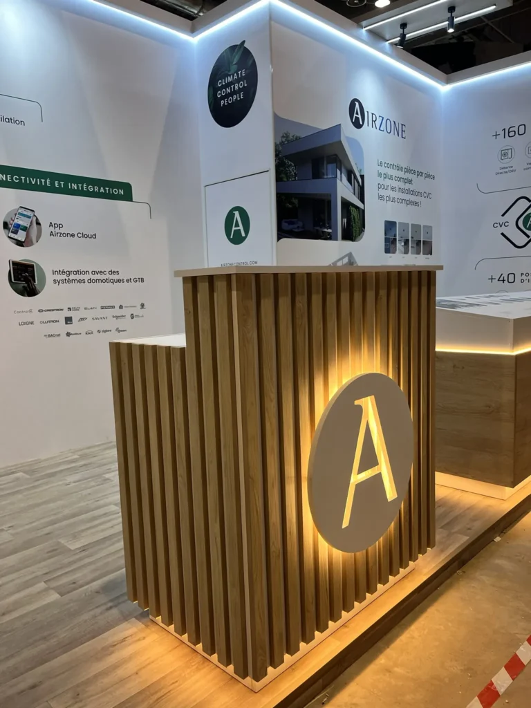 Airzone booth slatted wood counter illuminated logo