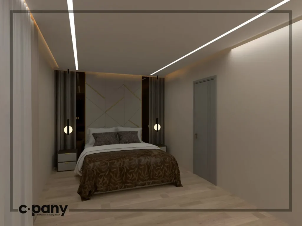 Bedroom dark slat headboard pendant design