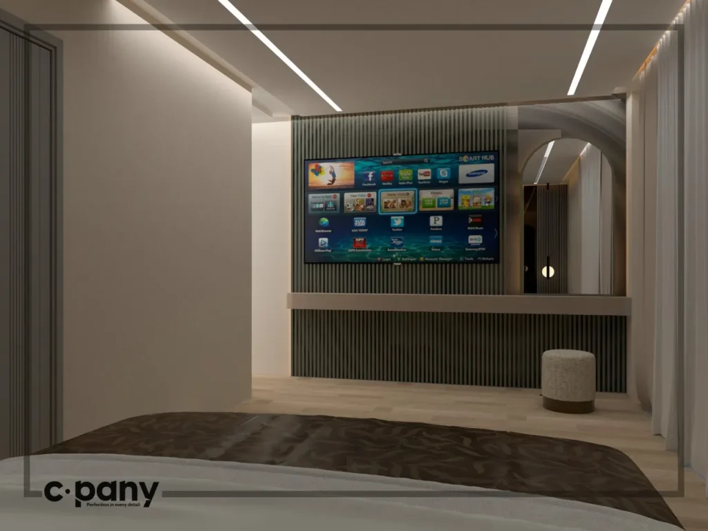 Bedroom slat tv wall design