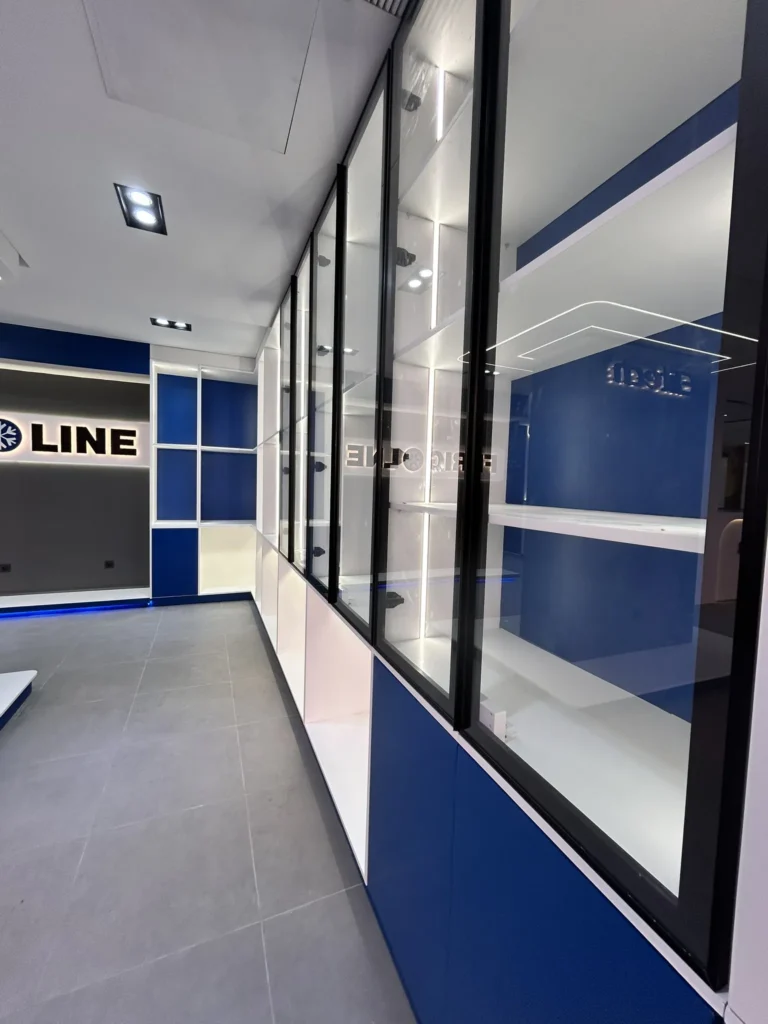 Frigoline showroom glass display corridor