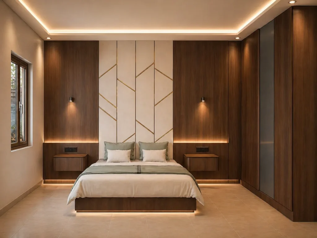 Master bedroom walnut wood gold accent design