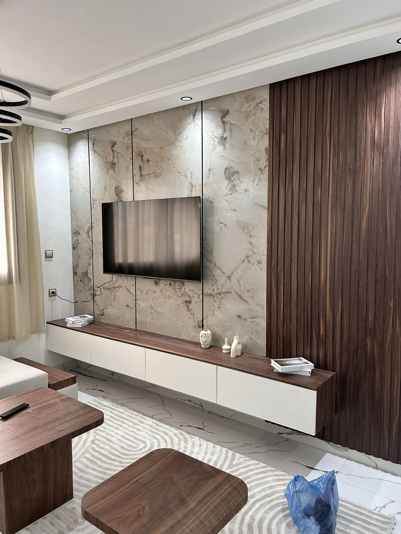 Modern living room marble walnut tv wall floating unit