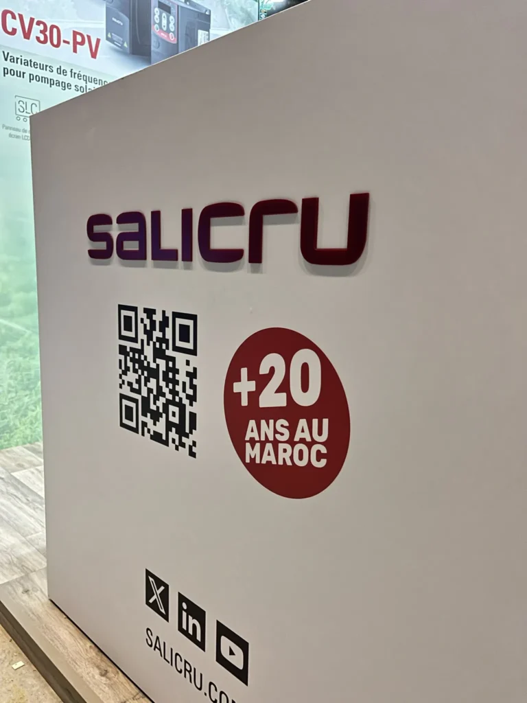 Salicru booth reception counter logo signage