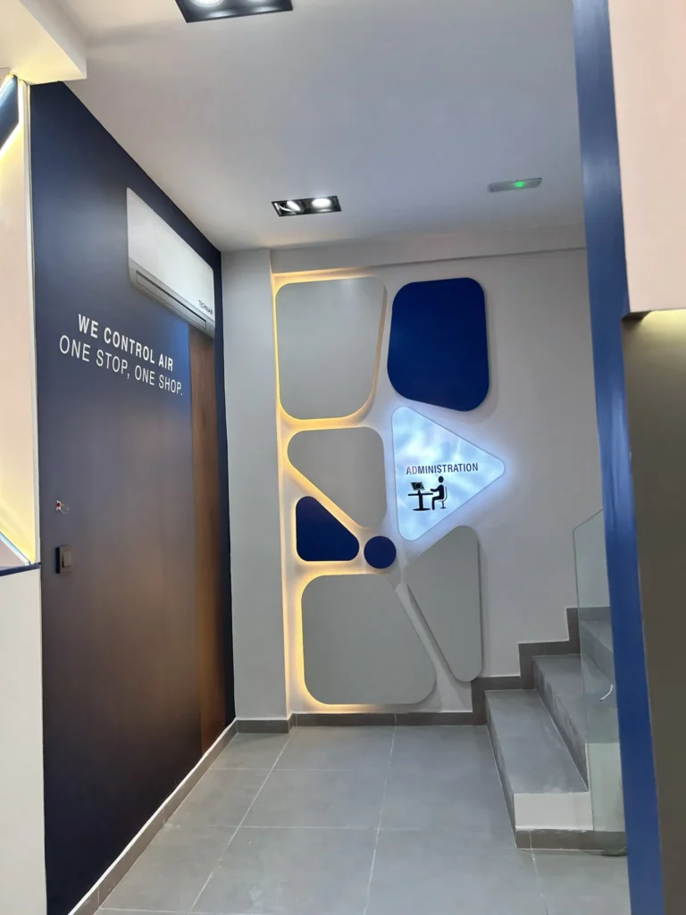 Techniair showroom administration corridor feature wall