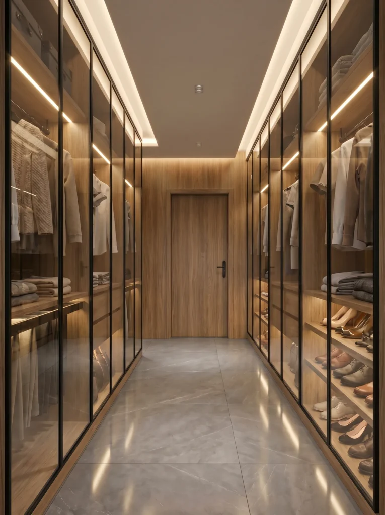 Walk in wardrobe corridor light wood