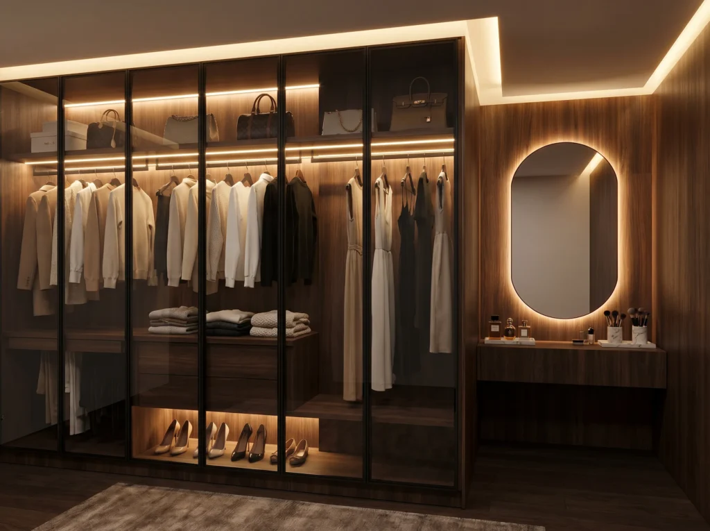 Walk in wardrobe dark wood vanity mirror