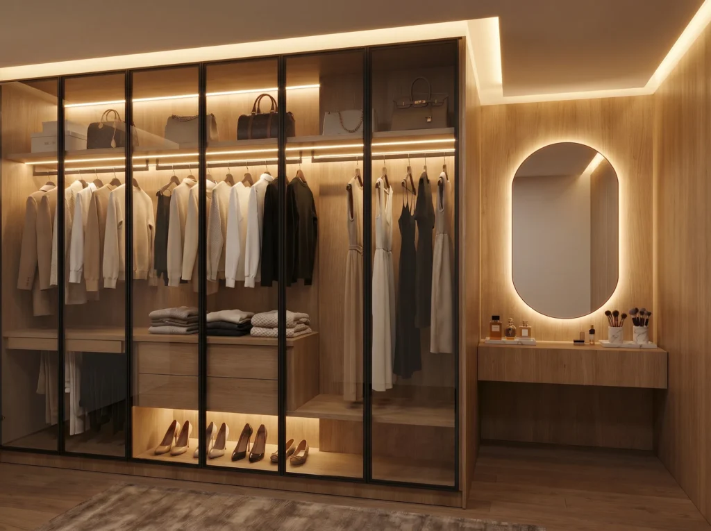 Walk in wardrobe light wood glass doors